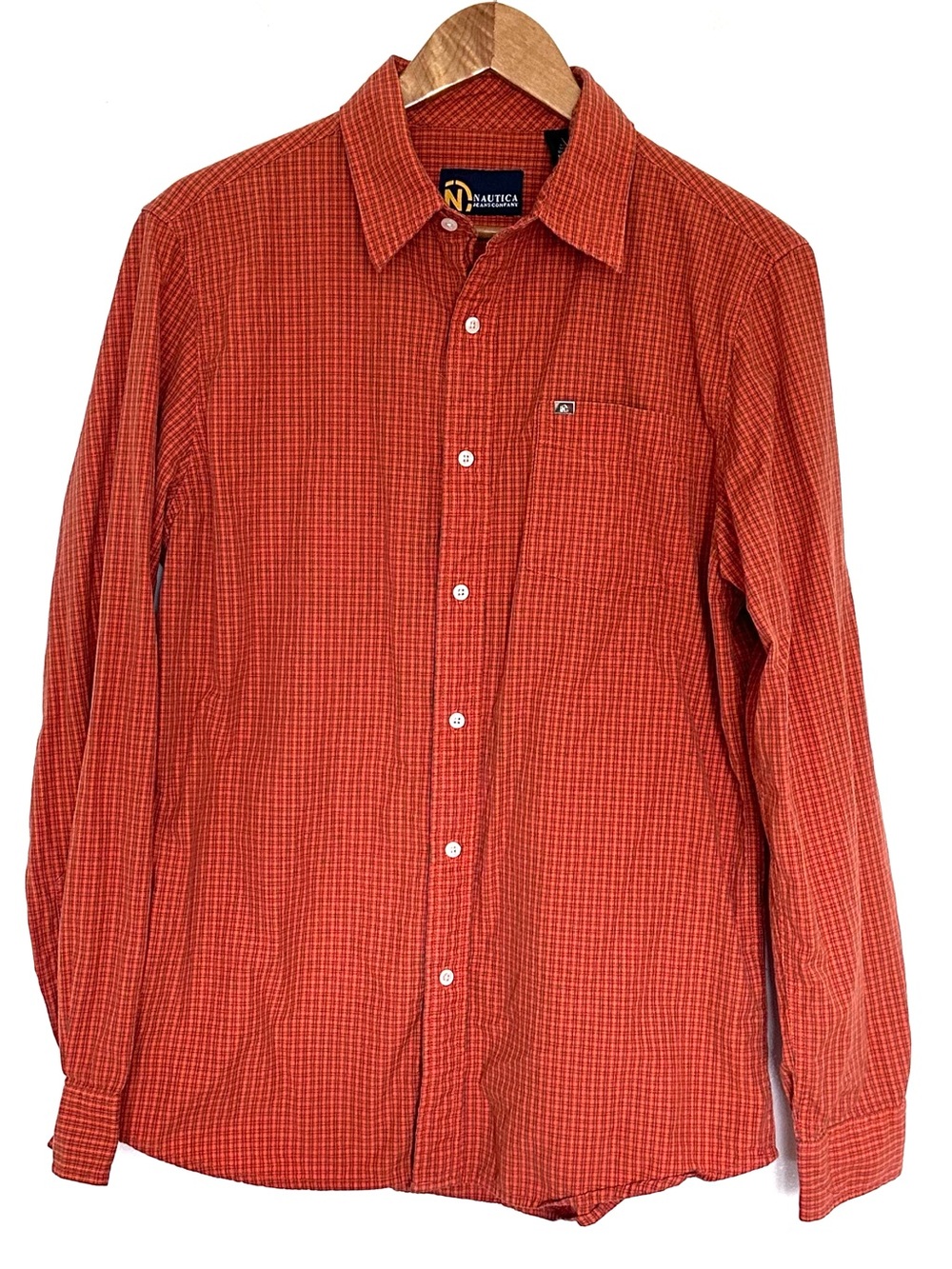 Nautica Shirt Men’s Medium Orange Plaid Cotton Button Up Long Sleeve Pocket Top